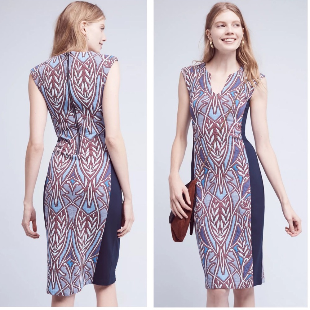 Anthropologie HD in Paris Cleo Jacquard Purple Blue Combination Sheath Dress M